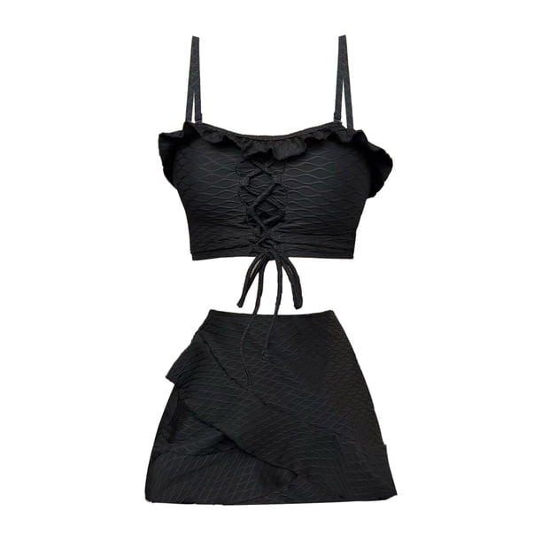 Gibobby Conjunto de Bikini para Mujer Trajes de baño de 3 piezas para mujer Conjunto de bikini con anillo halter(Negro,XL)