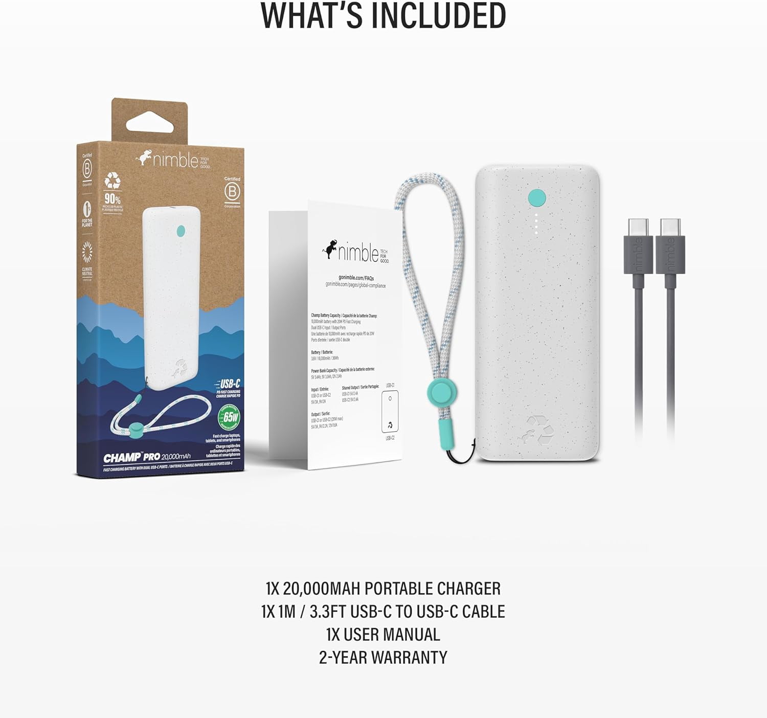 Nimble Champ Pro Portable Charger, 20,000mAh Power Bank with Cable, 65W Dual USB-C Fast Charging Battery Pack, Travel Essential Phone Power Bank for iPhone 16/15/14/13 Galaxy MacBook iPad Airpod