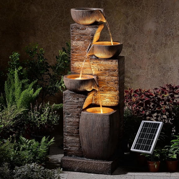 38.2" Tall Solar Powered Water Fountain for Outdoor,4 Tiers Modern Cascading Bowls and Stacked Stones Solar Fountains with LED Lights for Garden, Patio, Deck, Backyard and Home Art Decor