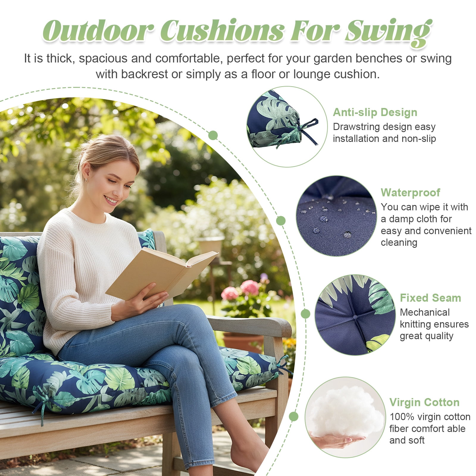 Eurhowing Outdoor Bench Cushion Waterproof, 40"x40"x4" Thick Patio Swing Chair Cushions with Ties, All-Weather High Density Foam Seat Pad for Porch Garden Furniture, Leaves