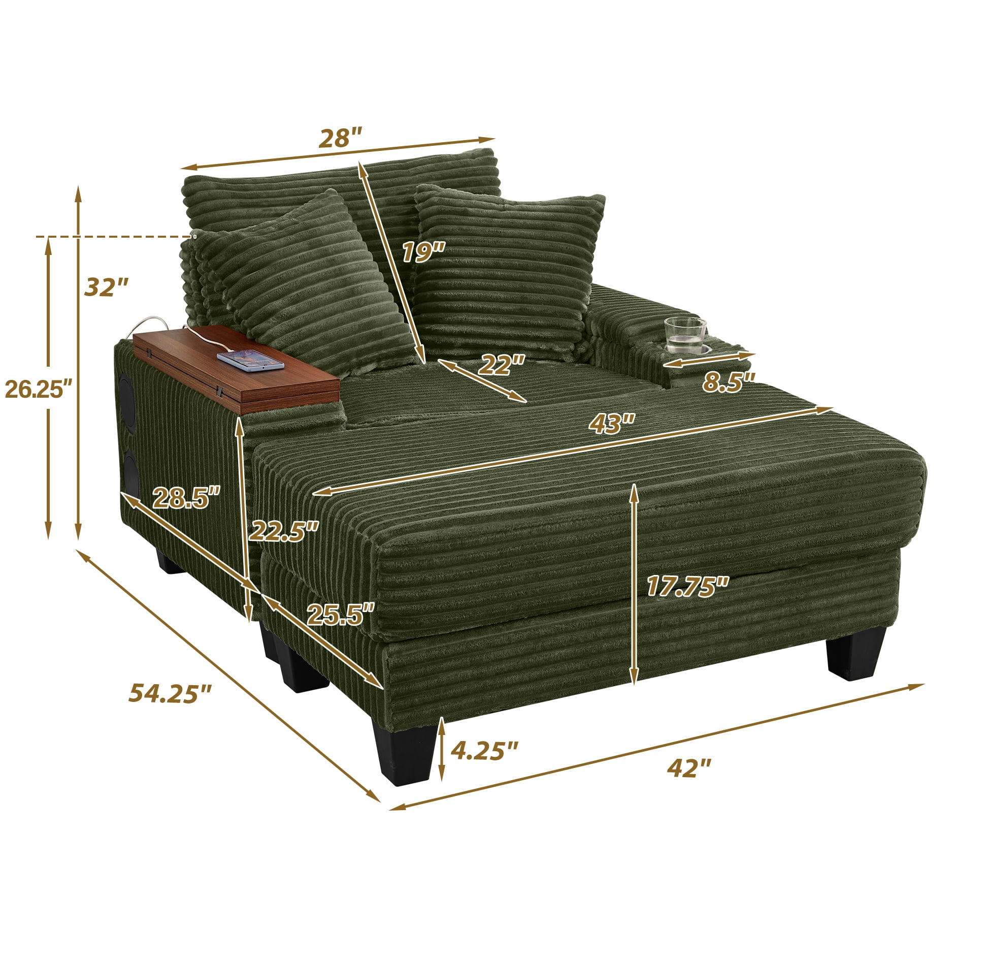 Aukfa Corduroy Chaise Lounge Chair with Ottoman, Hidden Rotating Table, Storage Armrest with Cup Holder, USB Port & Bluetooth Speaker, Olive