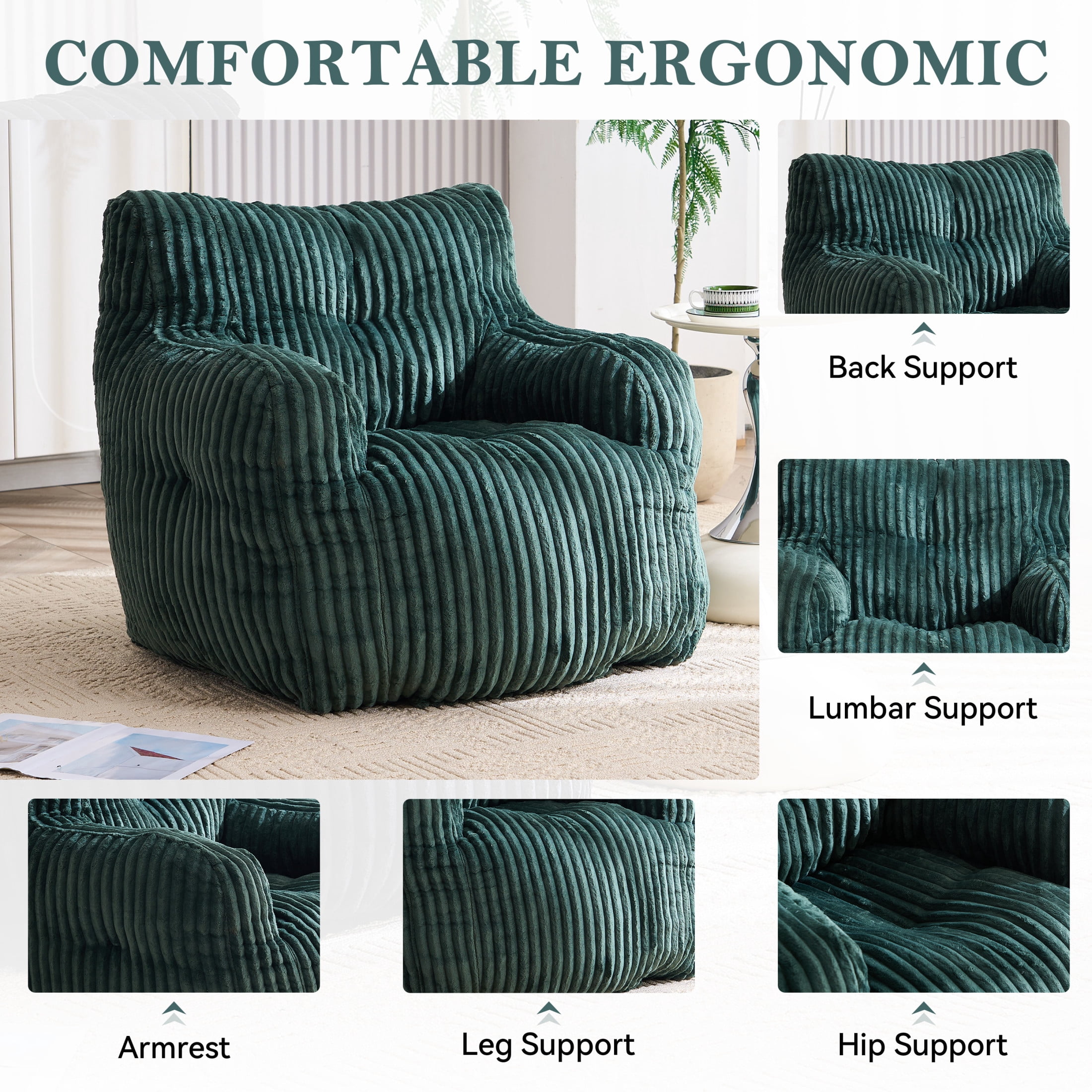 Noble House Solley 39" Fluffy Corduroy Bean Bag Chair, Memory Sponge Floor Lounger Accent Seat for Living Room, Green