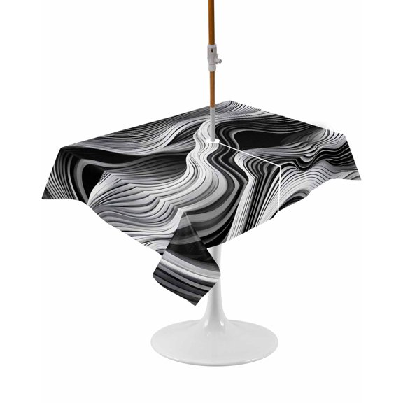 Outdoor Table Cloth with Umbrella Hole and Zipper, Abstract Waves Waterproof Rectangle Tablecloth 54"x80", Black Grey Modern Geometric Striped Washable Table Cover for Outside Party Patio Picnic