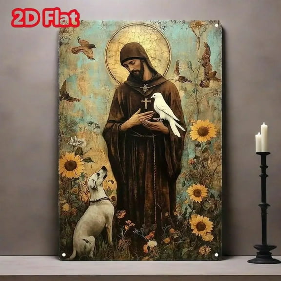 Rustic Saint Francis & Animals Aluminum Wall Sign – Weatherproof Christian Art Decor for Homes