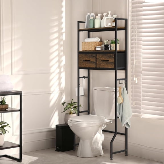 3-Tier Over Toilet Shelf with Storage Baskets,Over The Toilet Storage Cabinet, 3-Tier Bathroom Organizer with Fabric Drawers & Hooks, Freestanding Shelf for Bathroom and Laundry Room