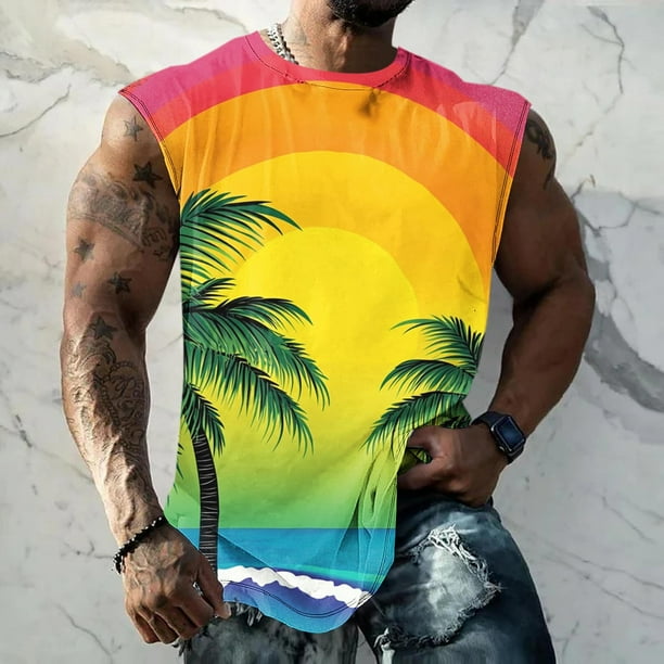 Camiseta sin mangas de cuello redondo para hombre, informal, a la moda, con estampado, sin mangas, deportiva, con cuello redondo