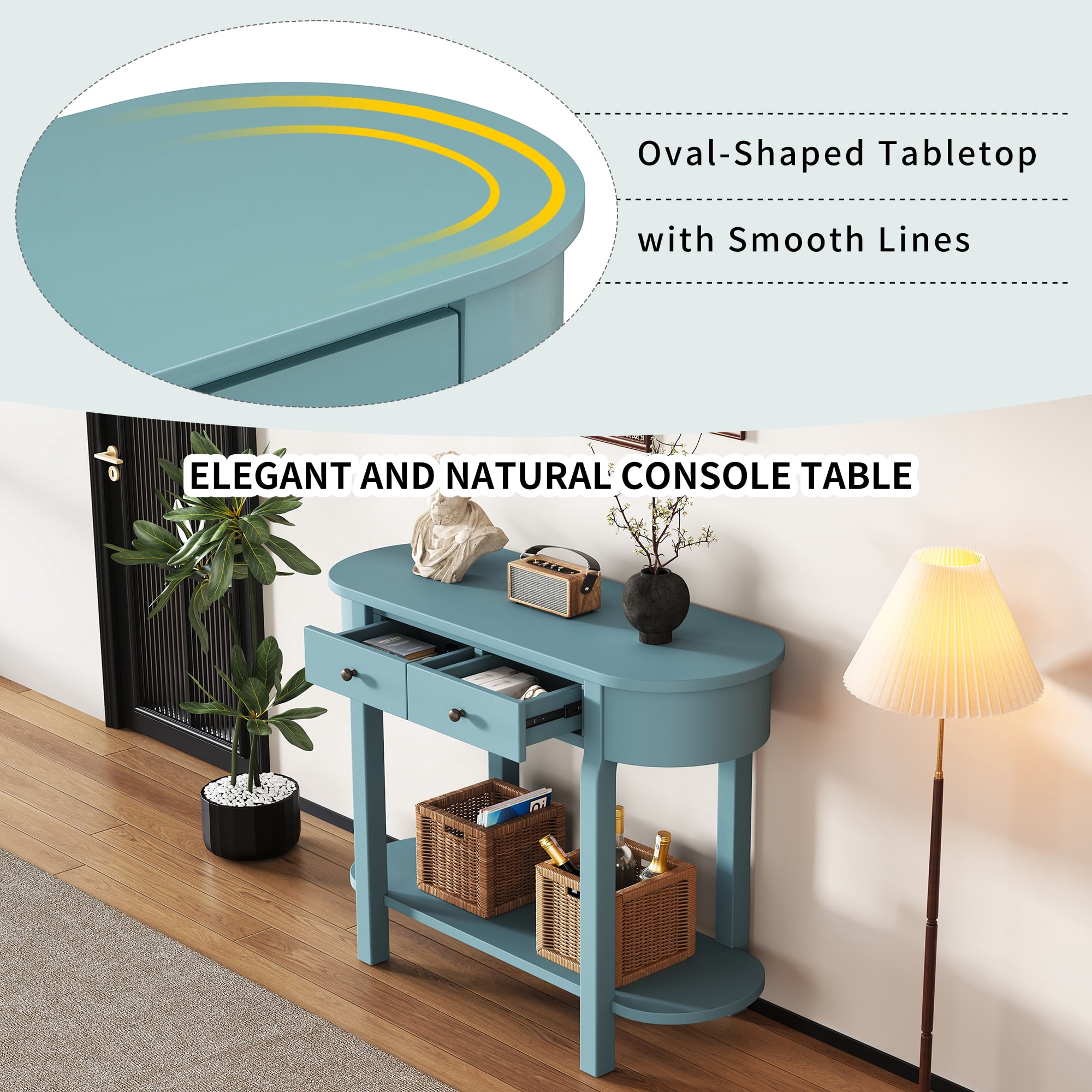 EUROCO 40" Narrow Console Table,Retro Entryway Table with Open Storage Shelf, 2 Drawers and Corner-Curved Design,Sofa Table Behind Couch for Entryway, Hallway and Living Room,Green