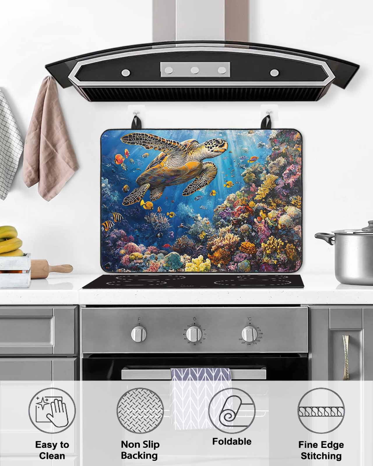 nqOlkjepod Large Induction Cooktop Protector Mat 24"x21", Turtle Stove Top Covers for Electric Stove, Ocean Animal Fish Coral Summer Beach Vacation Stove Burner Cover Mats, Glass Top Stove Cover