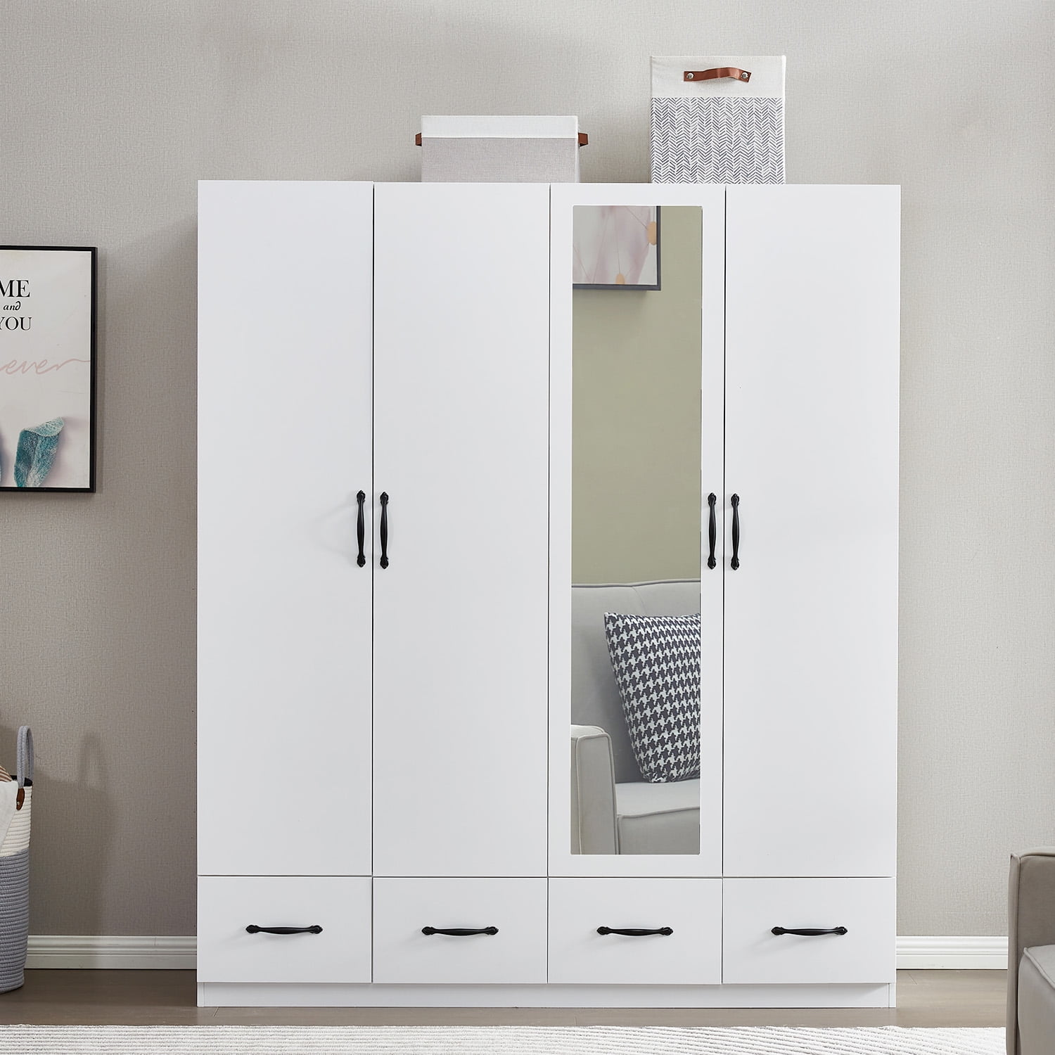 Free Shipping! Stufurhome White 4 Door 4 Drawer Wardrobe