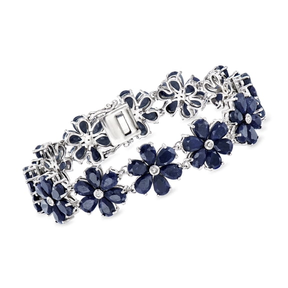 Ross-Simons 45.00 ct. t.w. Sapphire and .10 ct. t.w. Diamond Flower Bracelet in Sterling Silver, Women's, Adult