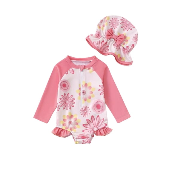 REDARER Girls Swimwear Long Sleeve Rash Guard Sun Bathing Suit with Hat for Baby Beach Summer,Girls Swimsuit,6-9 Months
