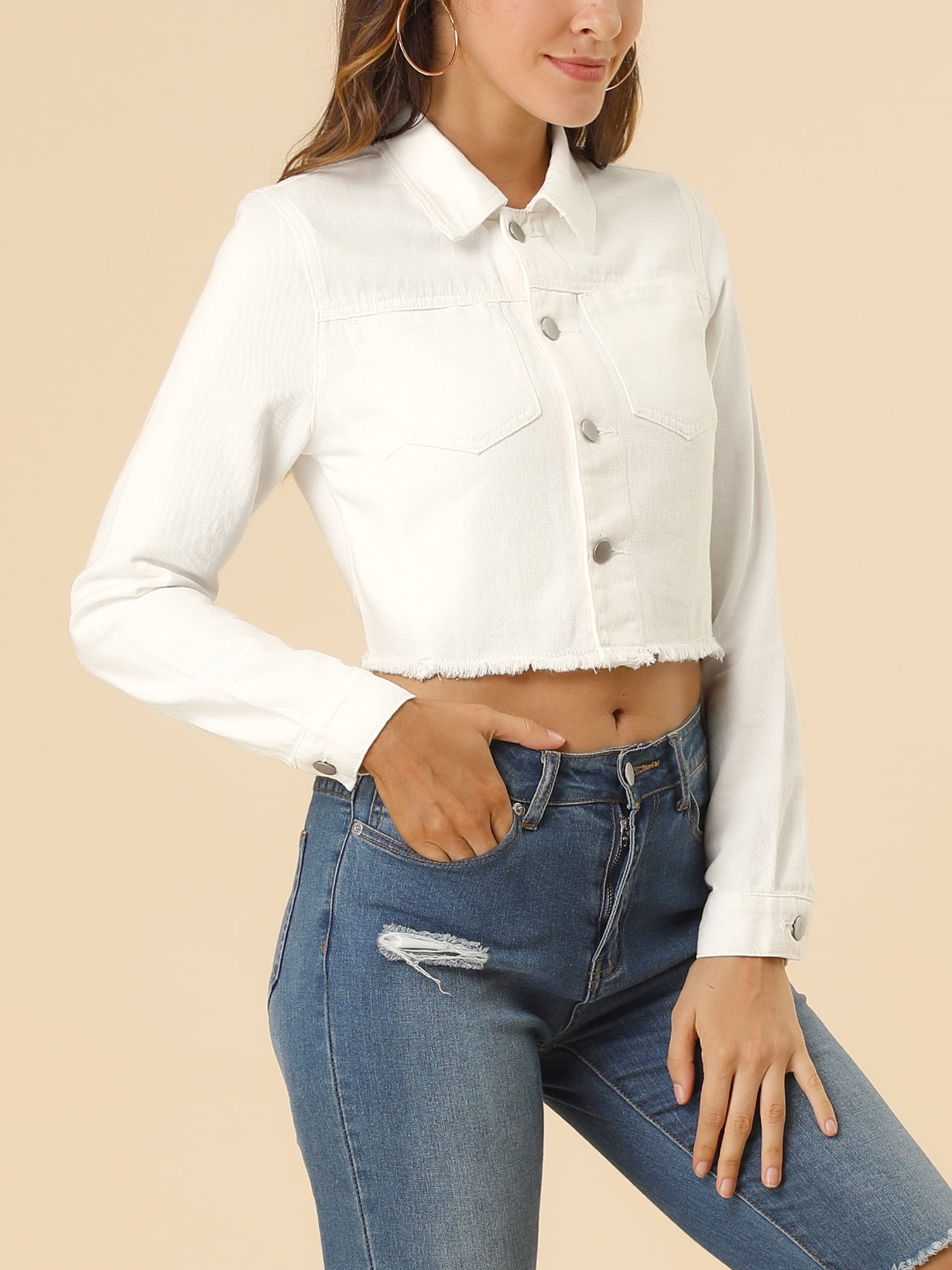 DARING DIVA Women's Frayed Button Up Washed Cropped Denim Jackets XS White