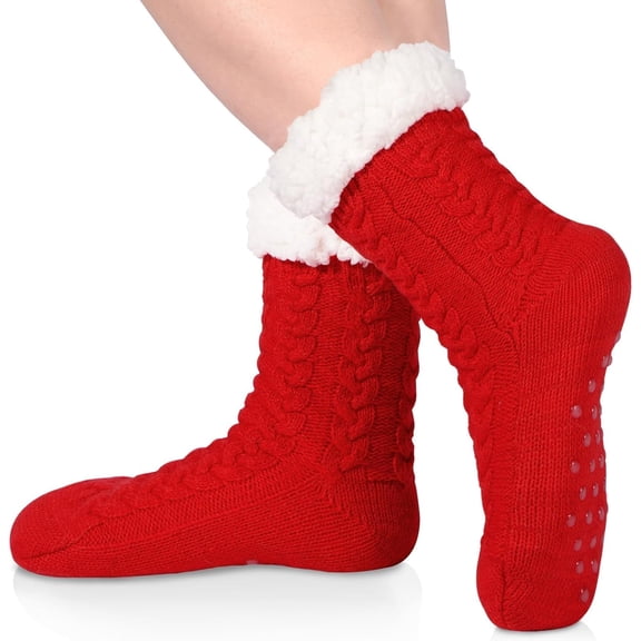 Fzchyzoar Women's Cozy Fuzzy Non Slip Cabin Fluffy Warm Winter Home Socks Red