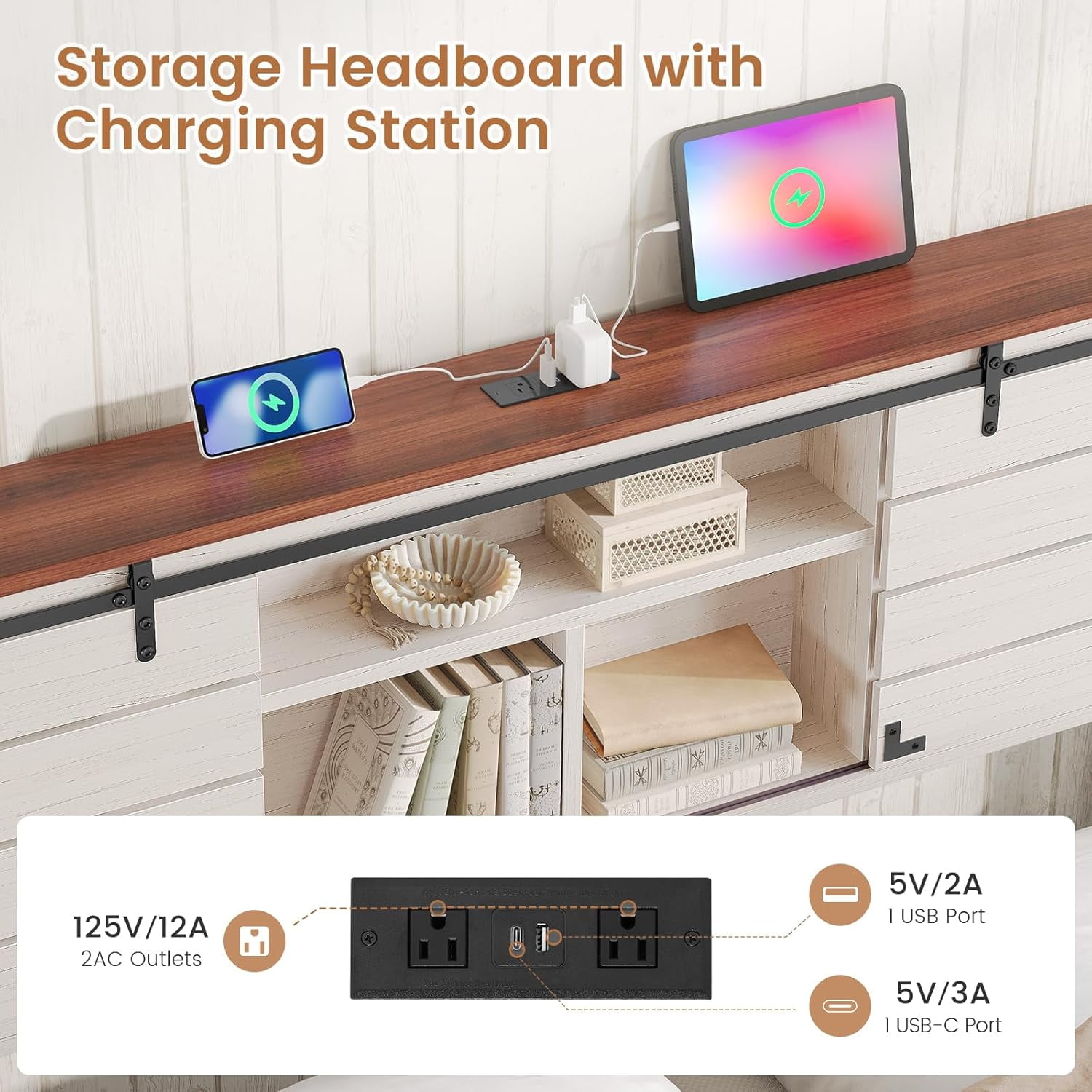 AOGLLATI Wooden Bed Frame King Size with Bookcase Headboard and Sliding Barn Door, Farmhouse King Beds with Charging Station, LED Lights and 4 Storage Drawers, No Box Spring Needed, Gray