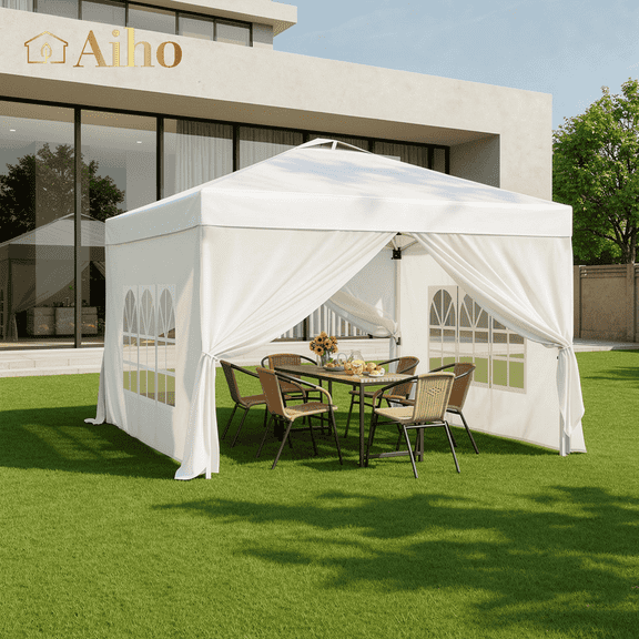 10x10 Pop-Up Canopy Tent with Removable Walls, 3 Height Adjustable Easy Set up Portable Gazebo, For Camping, White