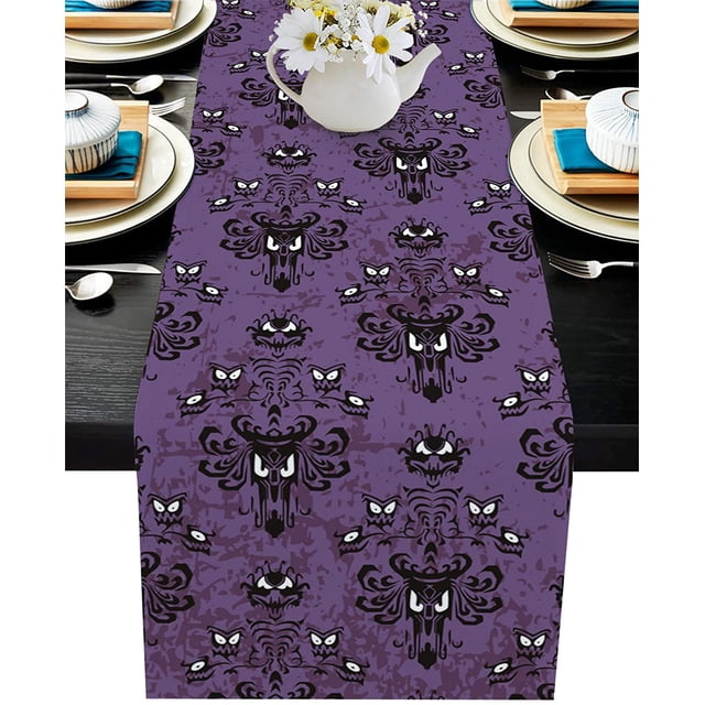 Cotton Linen Dining Table Runner Halloween Grimace Haunted Mansion Pattern Non-Slip Heat Resistant Table Runners for Family Dinner Kitchen Table,13x70 Inch