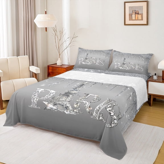 jejeloiu Paris Eiffel Tower Twin Sheet Sets,Glitter Diamond Print Twin Fitted Sheet,Gray Silver Flat Sheet For Girl,Lightweight Bedroom Decorative,3pcs
