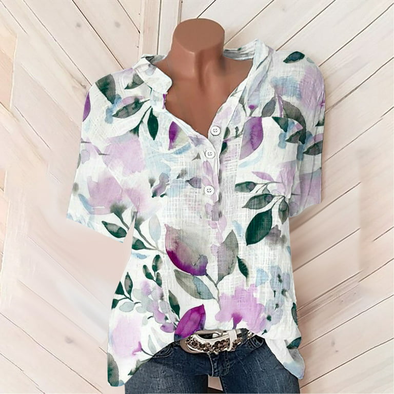 Cotton Linen Shirts for Women Plus Size Summer Floral Print Button