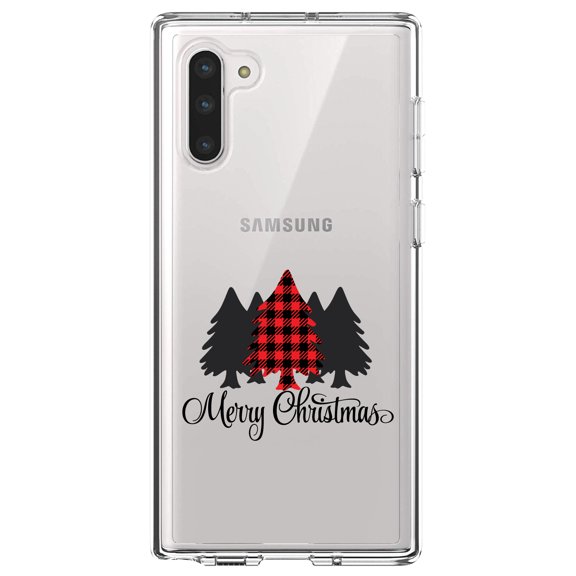 DistinctInk Clear Shockproof Hybrid Case for Samsung Galaxy Note 10 (6.3" Screen) - TPU Bumper Acrylic Back Tempered Glass Screen Protector - Merry Christmas Plaid Tree