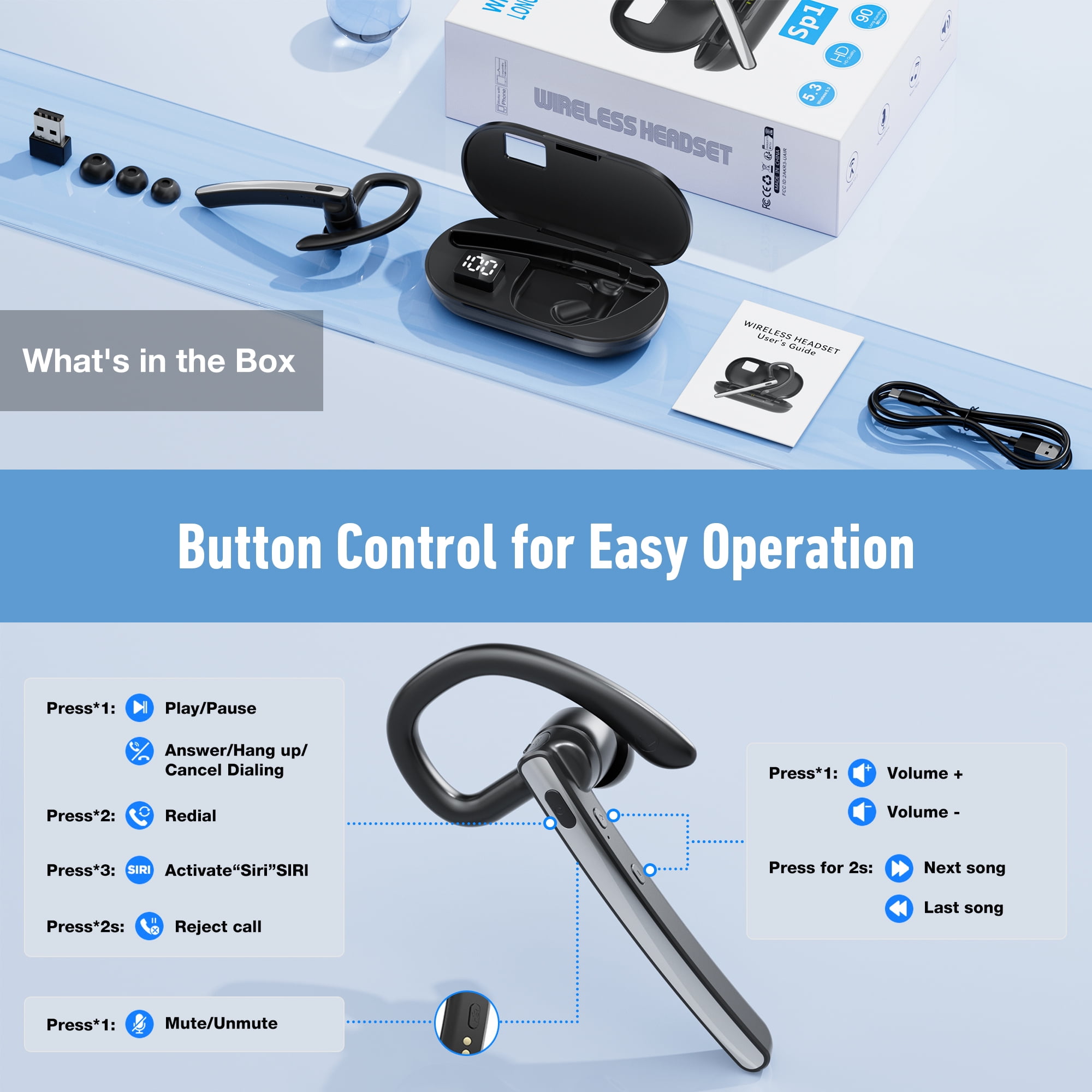 Bluetooth Headset, Single-Ear Wireless Earpiece with ENC Mic with HiFi Stereo Sound, 110H Playtime, Handsfree Waterproof Wireless Headset with 600mAh Charging Case