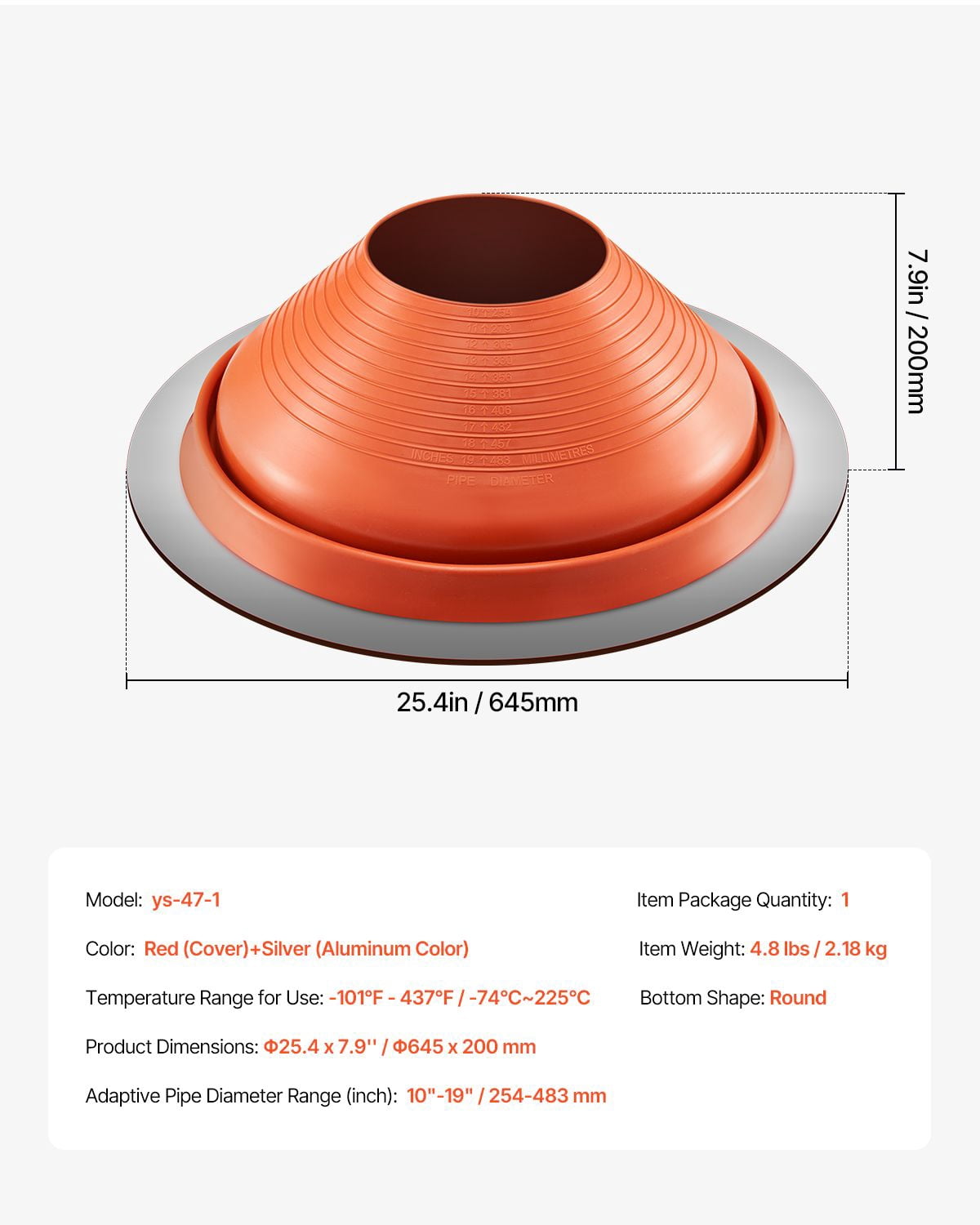 Roof Pipe Flashing Kit, 1 Pack Red Silicone Round Boot, 25.4 x 7.9", Fits Pipe OD 10" to 19", Aluminum Base, for Metal & Wood Roofs, Chimneys & Vents