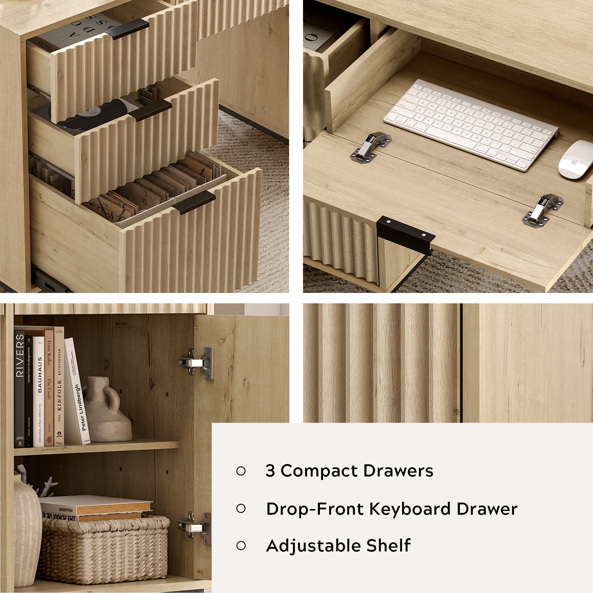Joyyskill Fluted Executive Desk with File Drawer, 55" Large Computer Desk with Storage and Charging Station, Modern Wooden Home Office Desk Light Oak