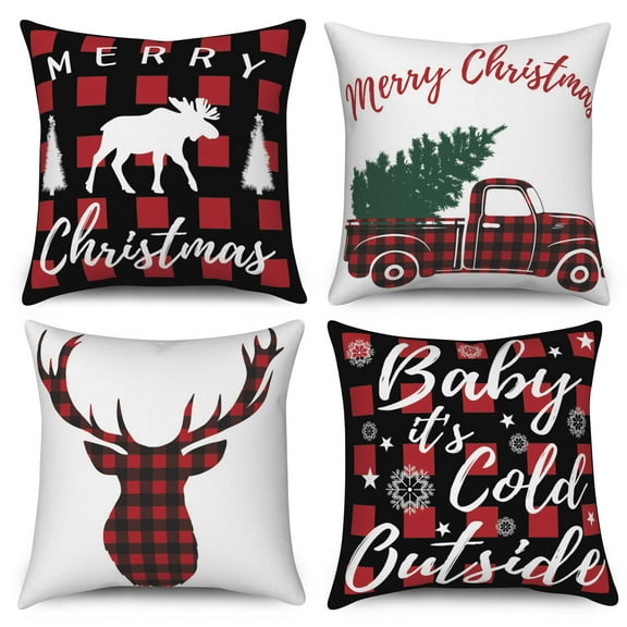 Christmas Outdoor Pillow Covers for Couch Set of 4 Buffalo Plaid Reindeer Cushion Cases for Home Decor Living Room Car,18x18