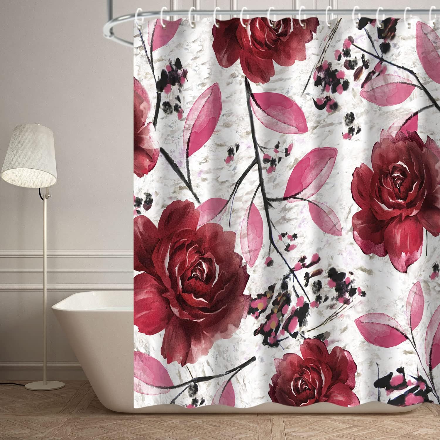 JOOCAR Floral Shower Curtain Burgundy Shower Curtain for Bathroom Red