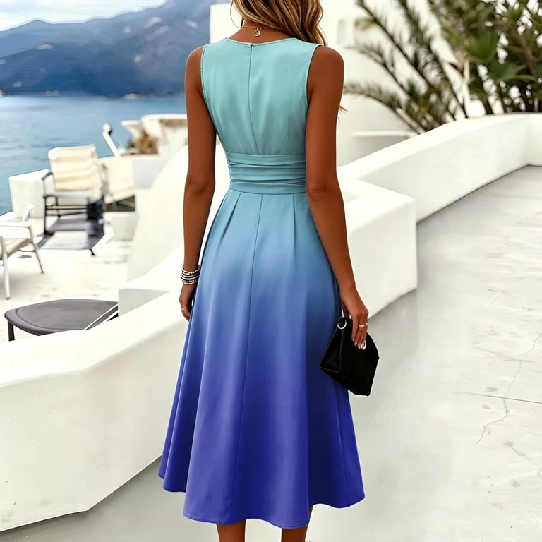 women's ombre dresses Maxi Dress Mock Neck Sleeveless Pleated A Line Flowy Long The beautiful ombre design and delicate tulle fabric will make you stand out Angela Women's Ombre Long Evening