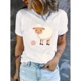 thumbnail image 1 of Camiseta de manga corta con estampado de ovejas de dibujos animados para mujer: top informal de verano, suave y cómodo, tejido de punto negro, cuello redondo, lavable a máquina., 1 of 6