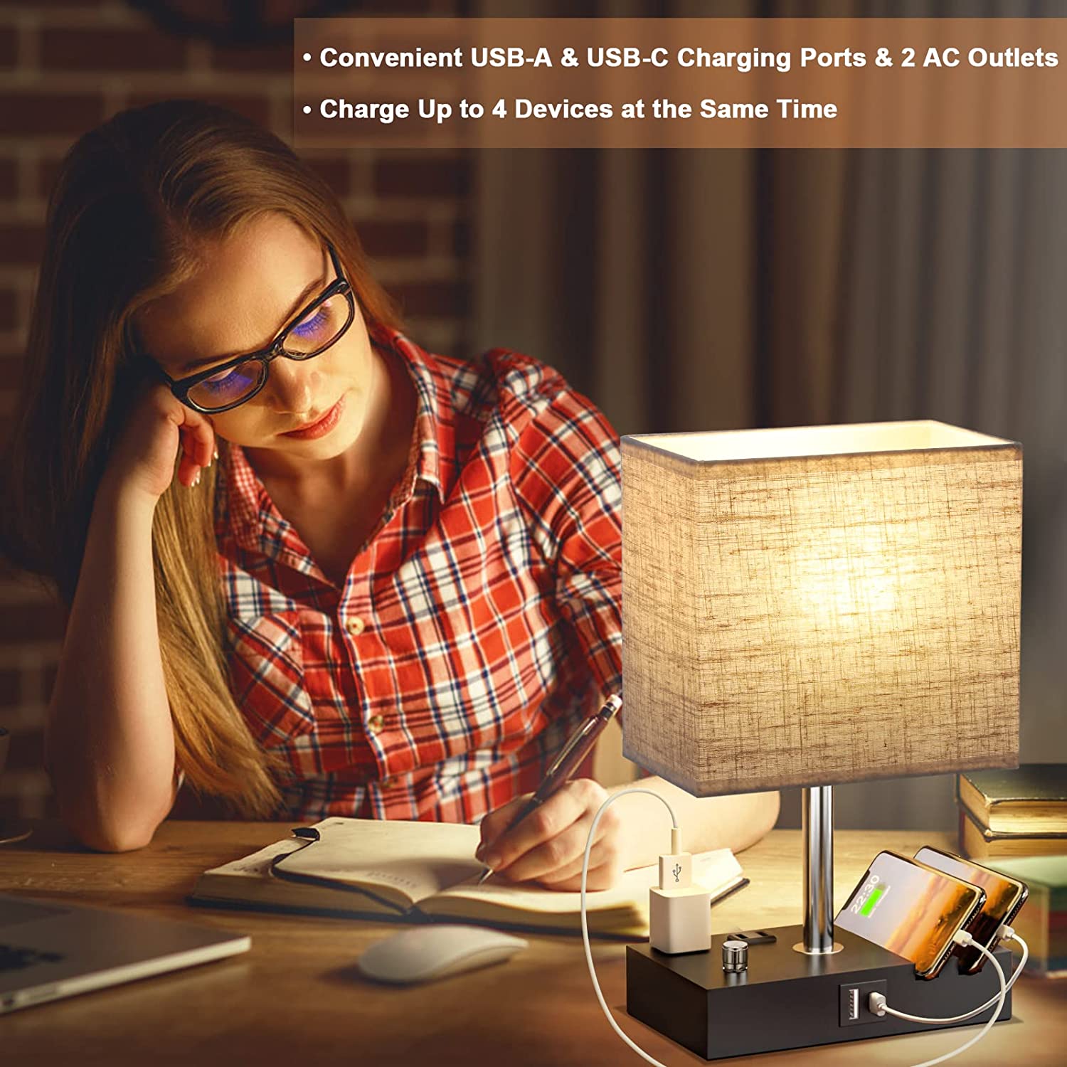 Gped Bedside Table Lamp with USB Ports, Beige photo 5