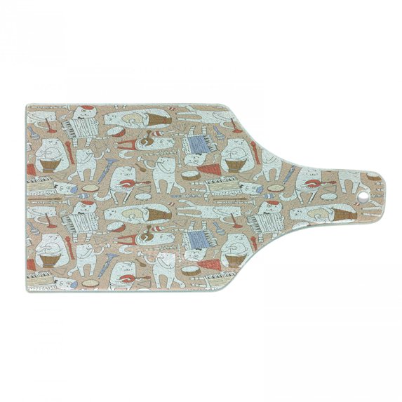 Music Cutting Board, Musician Cats with Drum Accordion Tube Guitar Music Theme Pattern, Decorative Tempered Glass Cutting and Serving Board, Wine Bottle Shape, Warm Taupe White, by Ambesonne