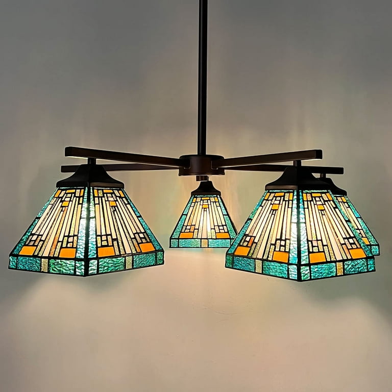Tiffany Chandelier 5 Light Vintage Mission Style Stained Glass Tiffany Pendant Light Fixture