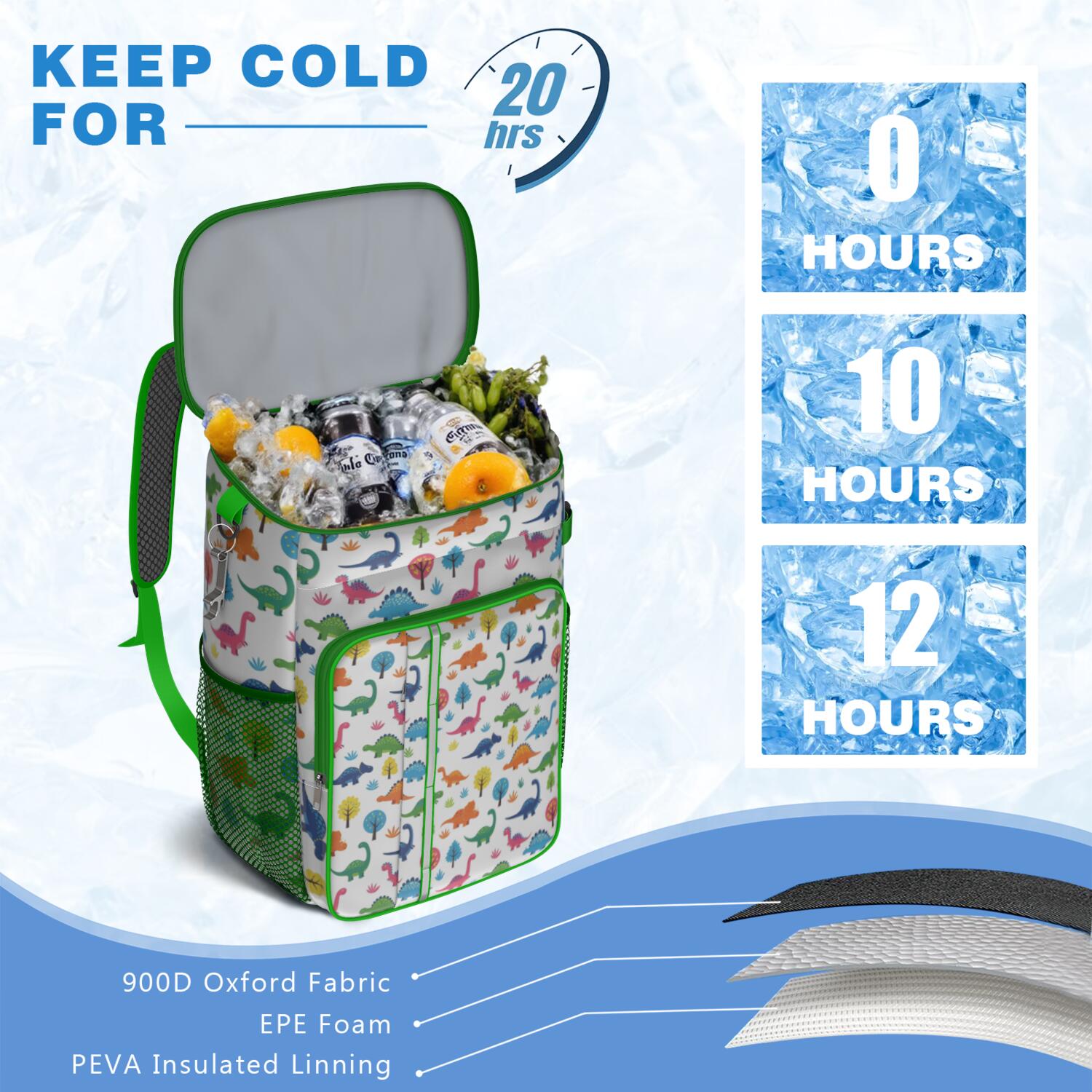 Travel Cooler Bag - Dinosaur and Tree Pattern Camping Beer Cooler Backpack with Bottle Opener- Waterproof Insulated Picnic Backpacks - Cooler Bag for Beach
