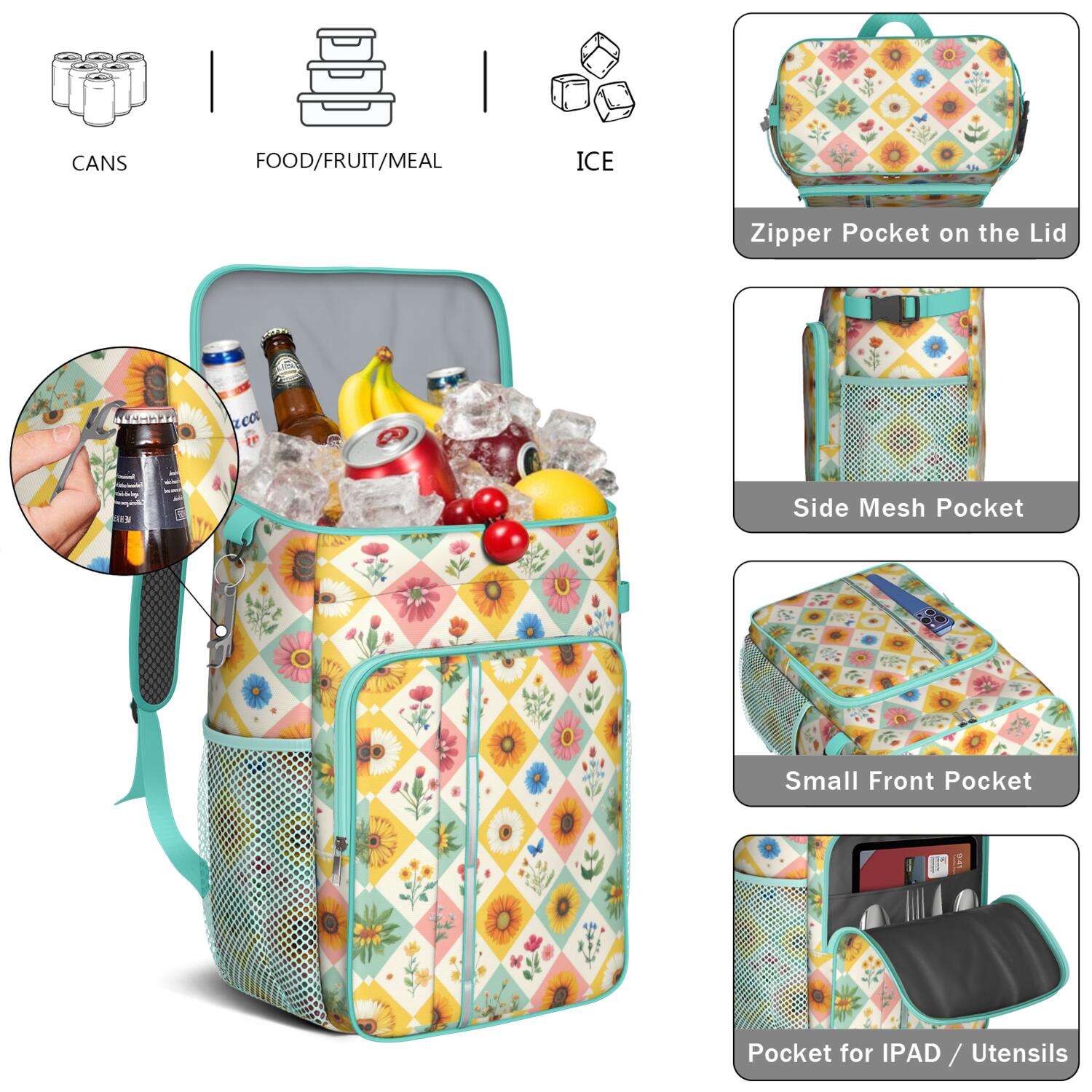 Travel Cooler Bag - Pioneer Flower Camping Beer Cooler Backpack with Bottle Opener- Waterproof Insulated Picnic Backpacks - Cooler Bag for Beach