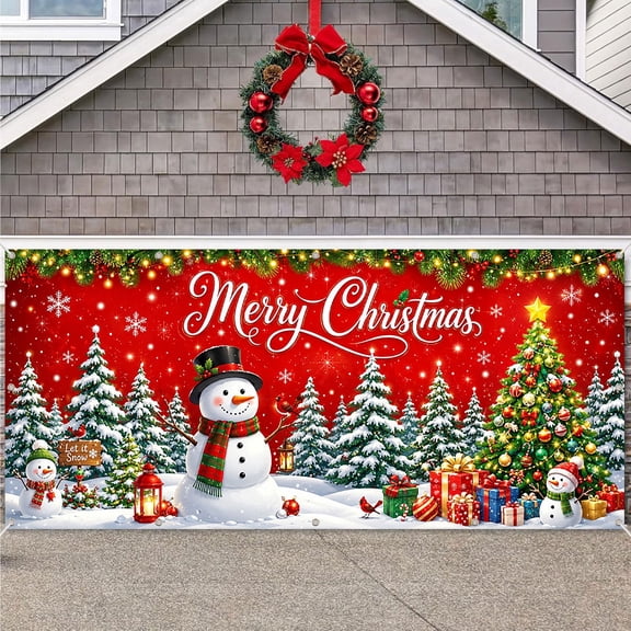 16x7ft Red Snowman Christmas Garage Door Cover for Outdoor Holiday