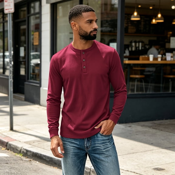 Men's Long Sleeve Henley Shirts 3 Button Spring Casual Tshirts Comfy Crew Neck Soft Basic Tops Red S