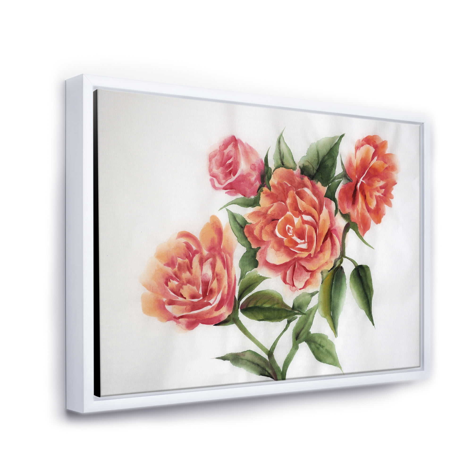 Designart 'Orange VIntage Roses With Green Leaves' Traditional Framed Canvas Wall Art Print