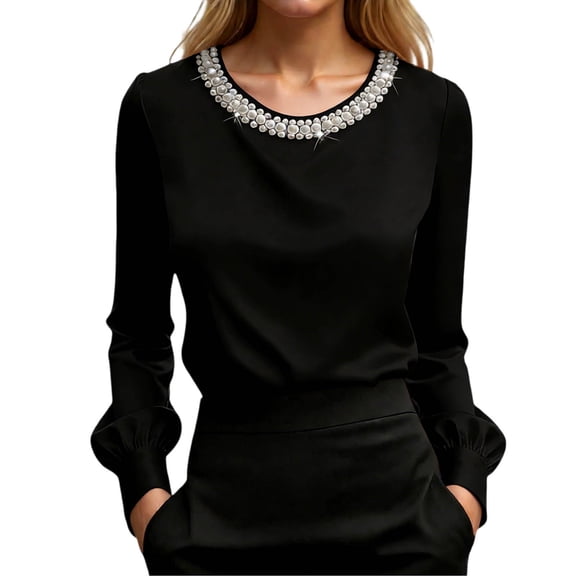 Lkhaha Womens Tees Tops Elegant Solid Long Sleeve Satin Finish Pearl Embellishment Workout Clothes Black L