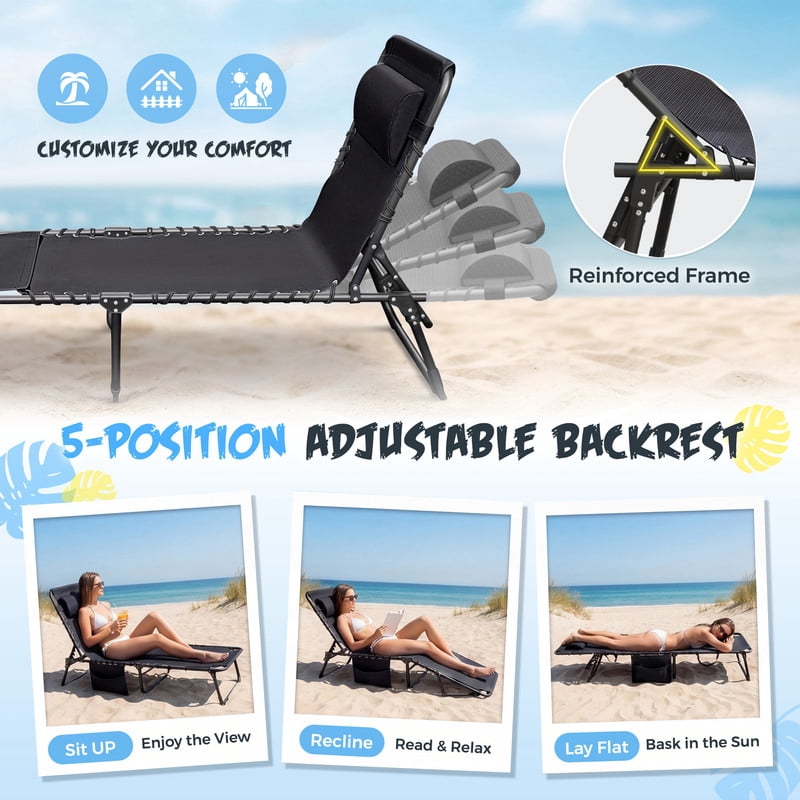 Lacoo Teslin Foldable Lounge Chair, Outdoor Chaise Lounge with Sauna, 5-Position Adjustable Beach Chair, Black