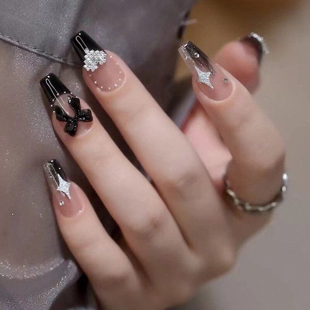 Uñas postizas francesas con diamantes de imitación, diseño de estrellas, purpurina, largas, para Ballet, juego de 24 piezas