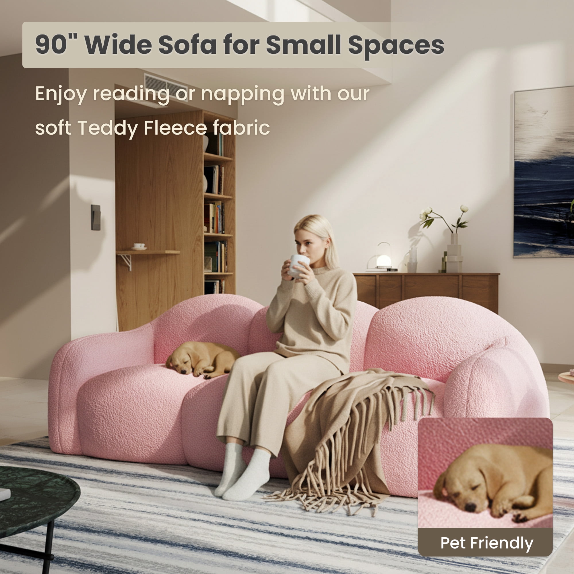 The Magic Home 90" Modern Cloud Couch for Living Room, Boucle LoveSeat 3 Seater Sofa, Plush Floor Sofa Couch for Bedroom, Apartment, Small Space (Pink Couch, No Assembly Required)