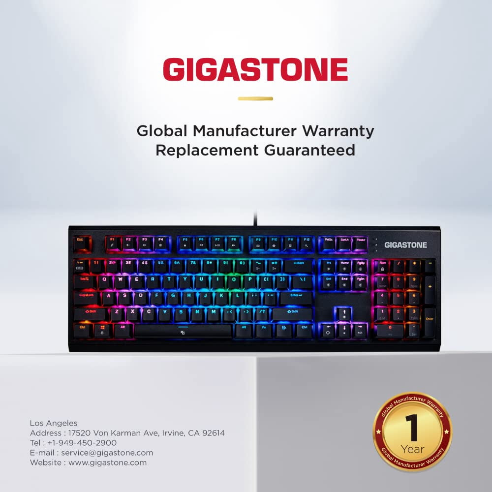 Gigastone GK-12 Mechanical Keyboard, Tactile Brown Switch, RGB LED Rainbow Backlit Gaming Keyboard, Precise Tactile Feedback, Full Anti-Ghosting, Full Size 104 Keys, Black