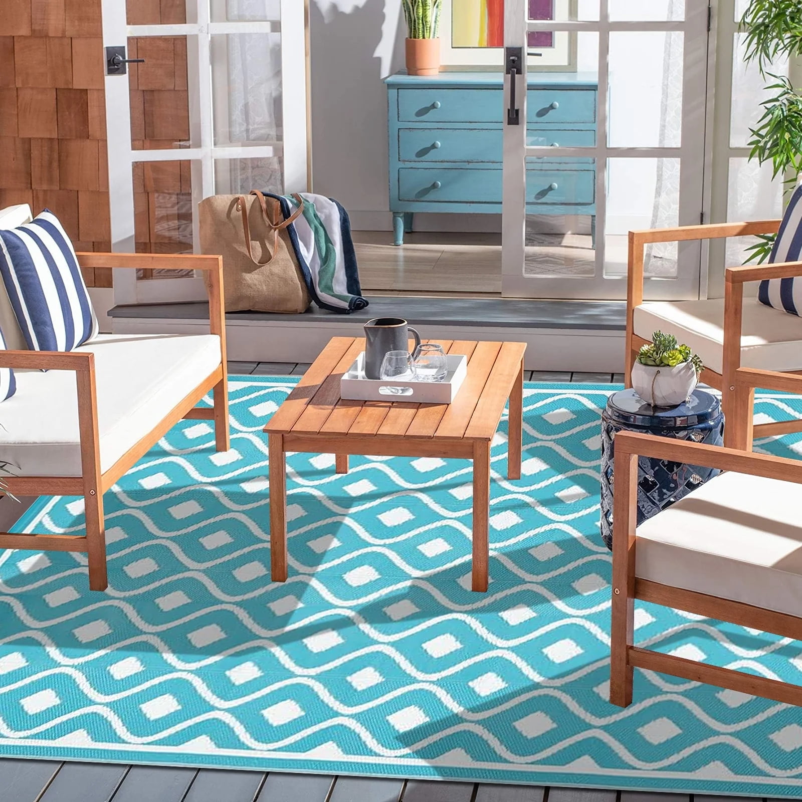 Findosom 8'x10' Large Outdoor Rug Waterproof Patio Rug RV Outdoor Mat Reversible Plastic Straw Area Rug Mat Camping Rugs Floor Mat for Outdoors,RV,Patio,Backyard,Deck,Picnic,Beach,Trailer Teal