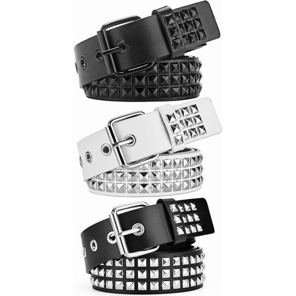 3 Pcs White Black Studded Belt Y2K Belt Gothic Punk Rock Belt with Grommet Threads Bright Metal Pyramid Cool Belts for Women Men