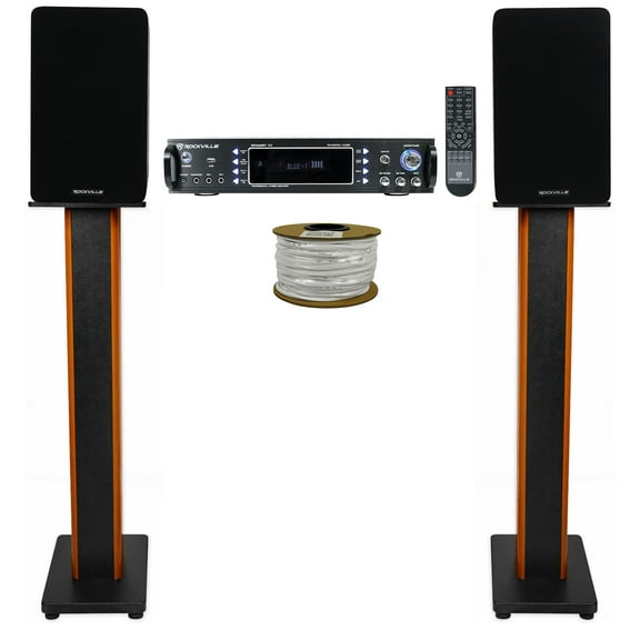 Rockville RPA60BT Receiver (2) 5.25" Black Bookshelf Speakers 36" Wood Stands   Rockville R14GSBR100 Red/Blk 14 Gauge 100' Ft. Mini Spool Car Audio Speaker Wire