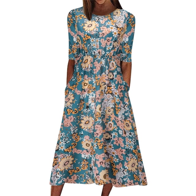 Ketyyh-chn99 Robes d'Été Femmes Tendance 2024 Grande Taille Robe Soleil Robes pour Femmes Manche à Volants à Étages Évasée Robe Mini Bleu,m