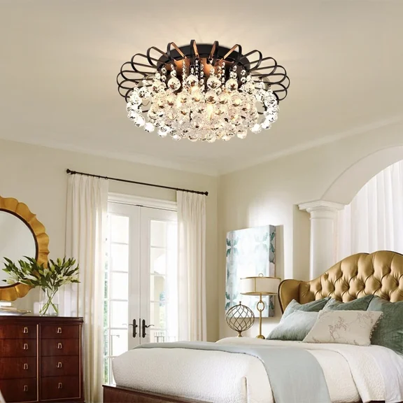 AFANQI Crystal Chandeliers Flush Mount Ceiling Light Fixture,23.6" Lights Chandelier with Crystals,Light Fixtures Ceiling Mount, Hallway Light Bedroom Chandelier for Dining Room Kitchen