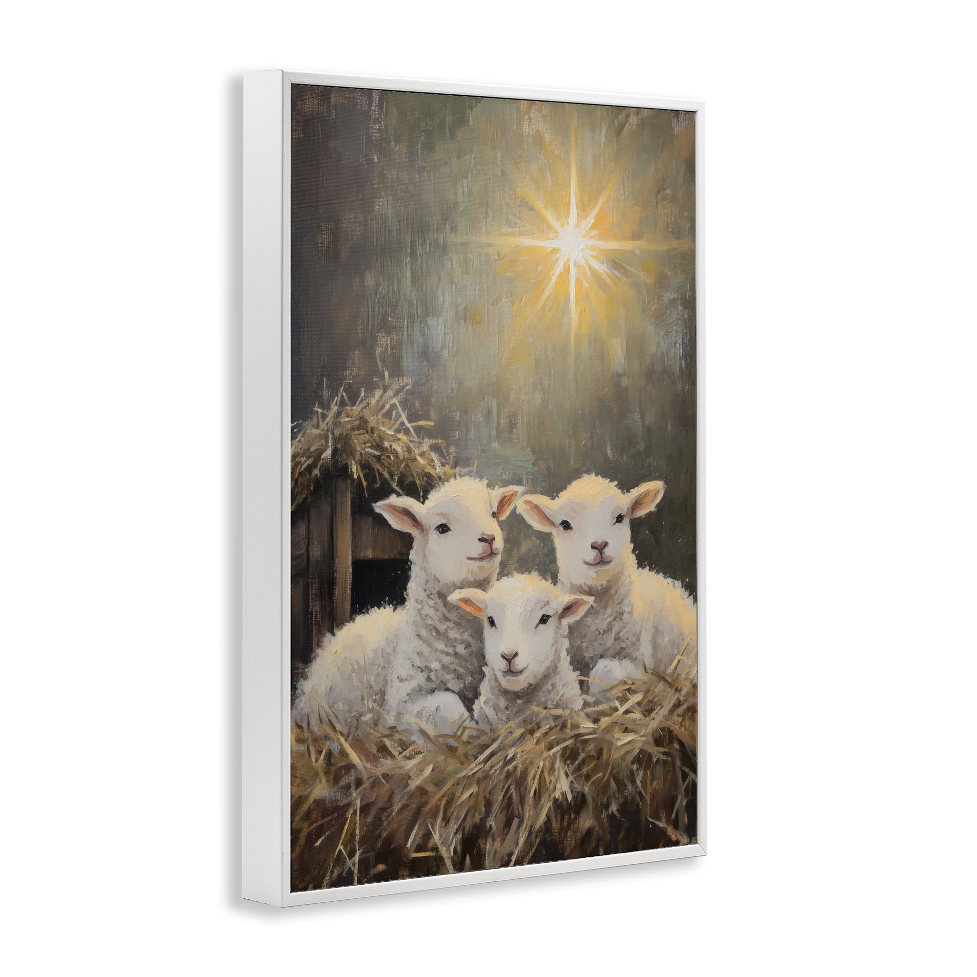 Festive Lambs in Stable White Framed Giclee Art, design by Petal Prints Design