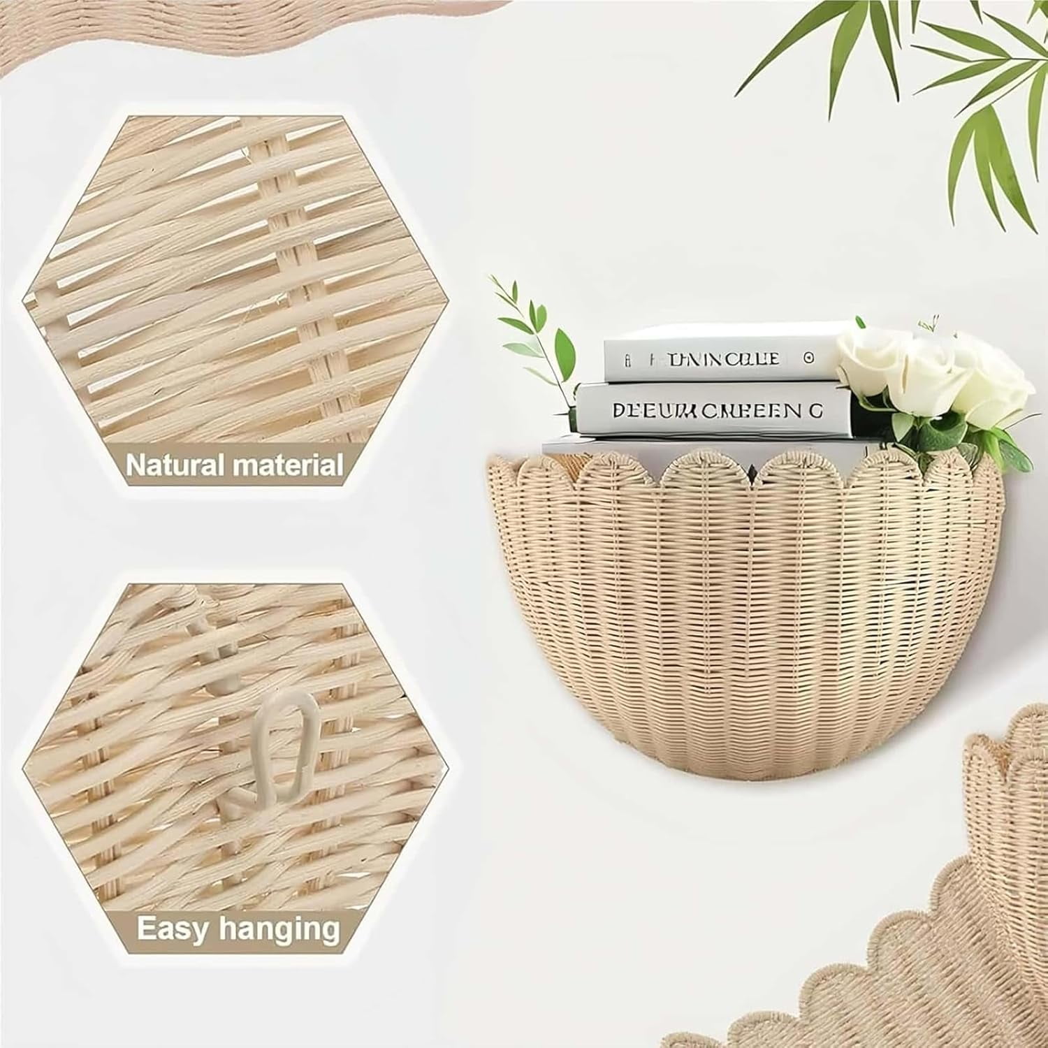 Scalloped Wicker Wall Basket, Hand Woven Hanging Basket, Natural Scalloped Hanging Wall Basket Storage & Home Decor, for Living Room Bathroom Kitchen (2 Pcs,14 x 8 x 6 Inch)